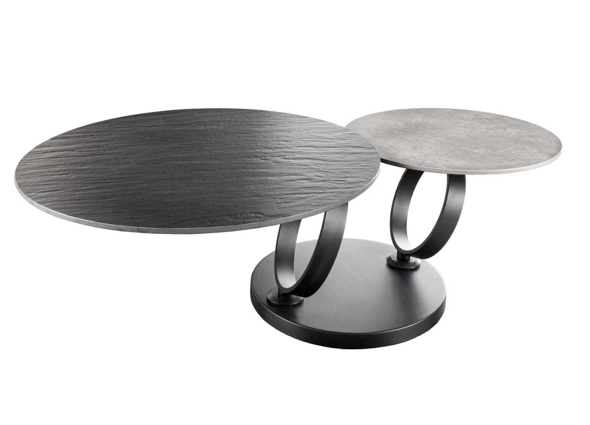 Table basse plateaux ronds rotatifs gris et noir