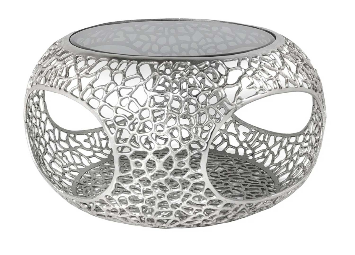 Table basse ronde verre noir fumé et pied en acier argenté