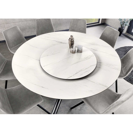 Table ronde 150 cm et plateau de service tournant et amovible en céramique marbre blanc