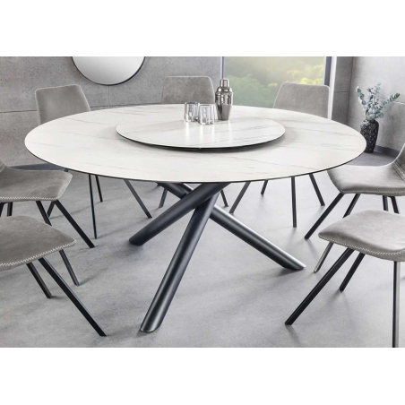 Table salle à manger ronde 150 cm avec plateau rotatif en céramique marbre blanc