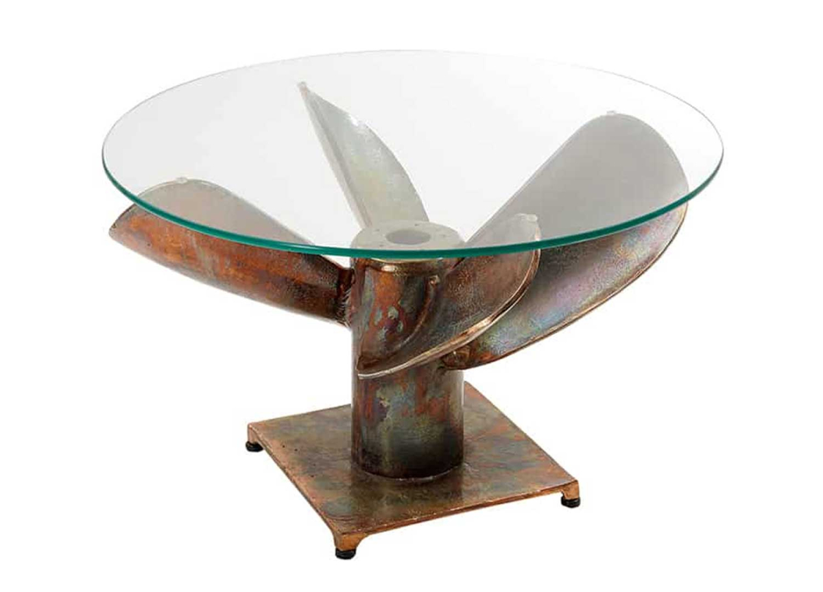 Table basse de salon en verre rond 70 cm et pied original hélice de bateau en cuivre