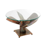 Table basse de salon en verre rond 70 cm et pied original hélice de bateau en cuivre