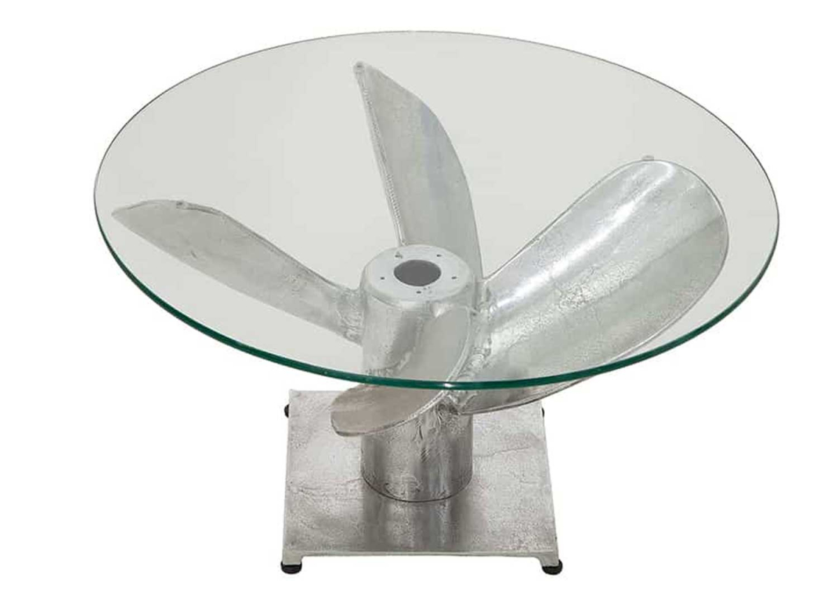 Table basse de salon design ronde en verre 70 cm pied hélice de bateau argenté