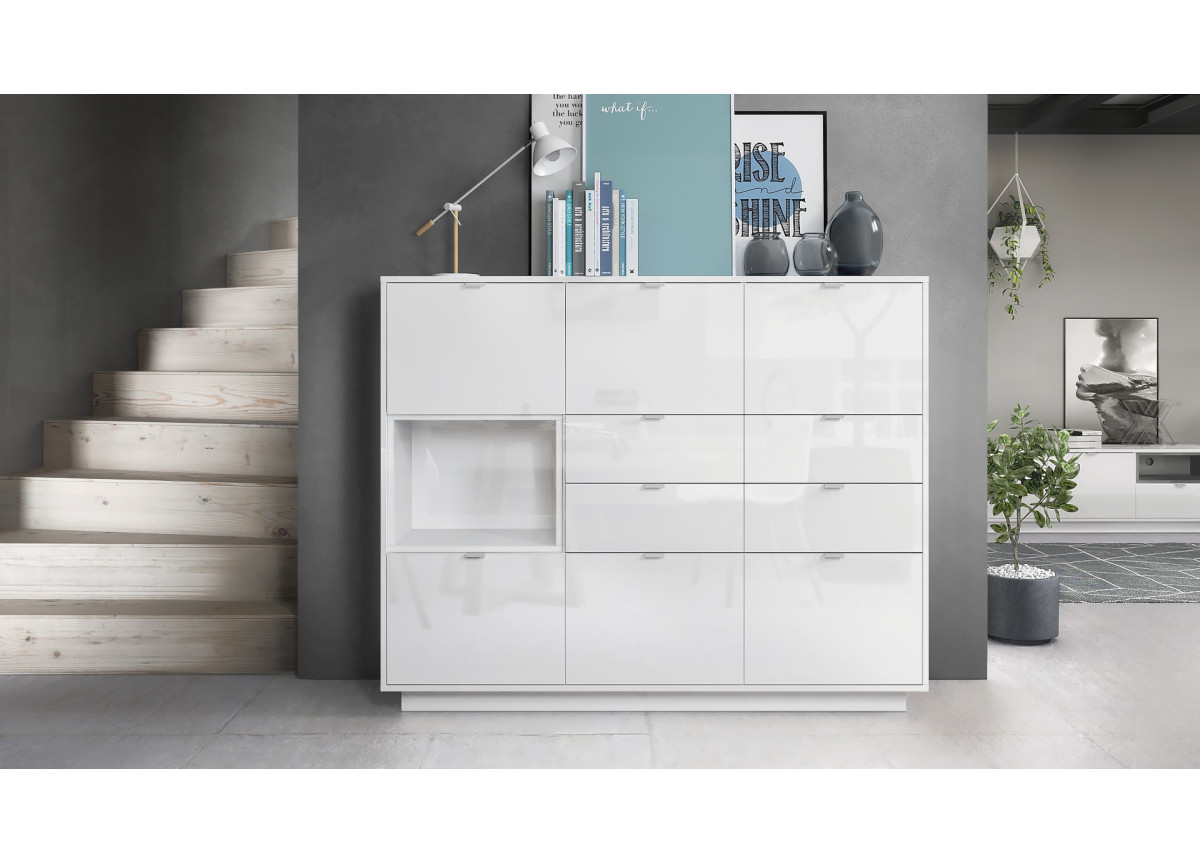 Meuble Buffet Haut Blanc Brillant 6 portes Matisse