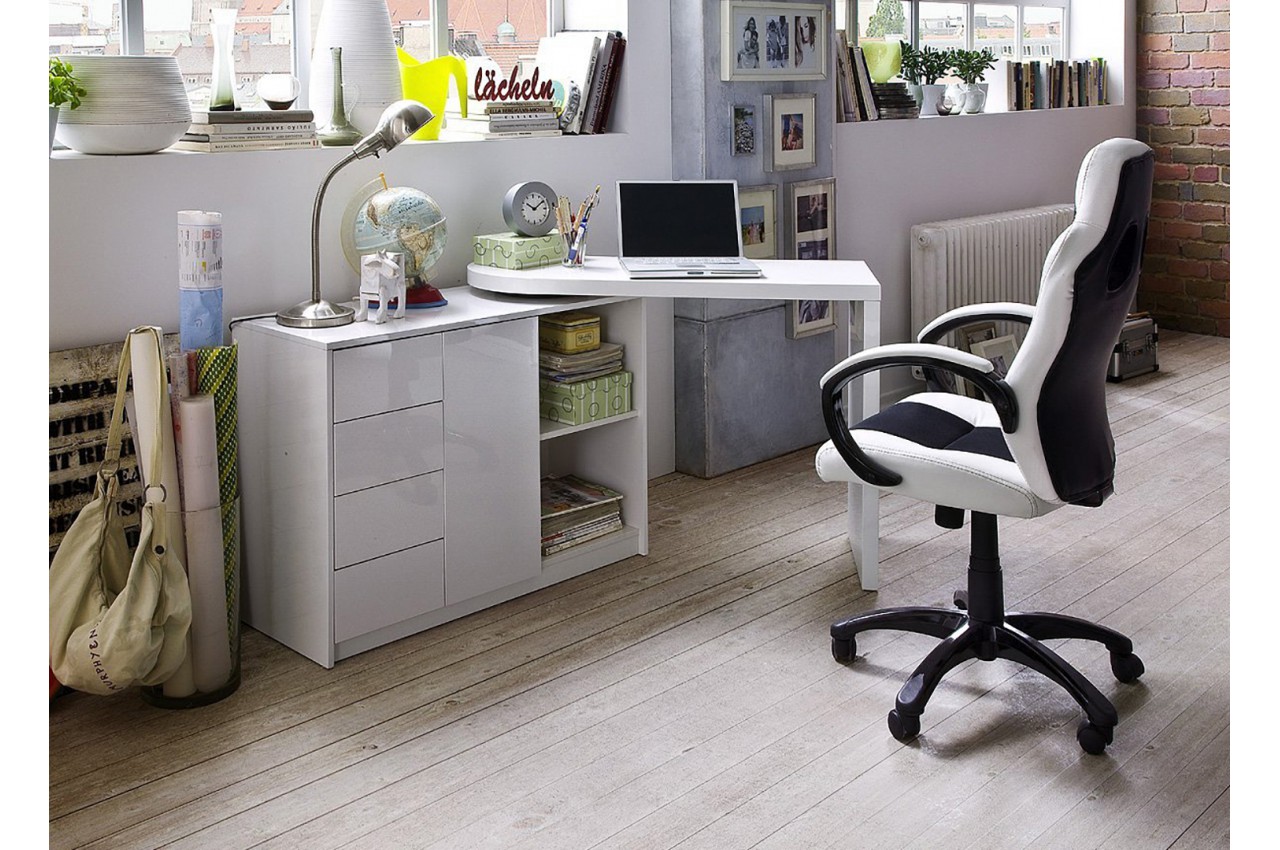 Grand bureau blanc et aspect chêne avec tiroir et étagères - STAND