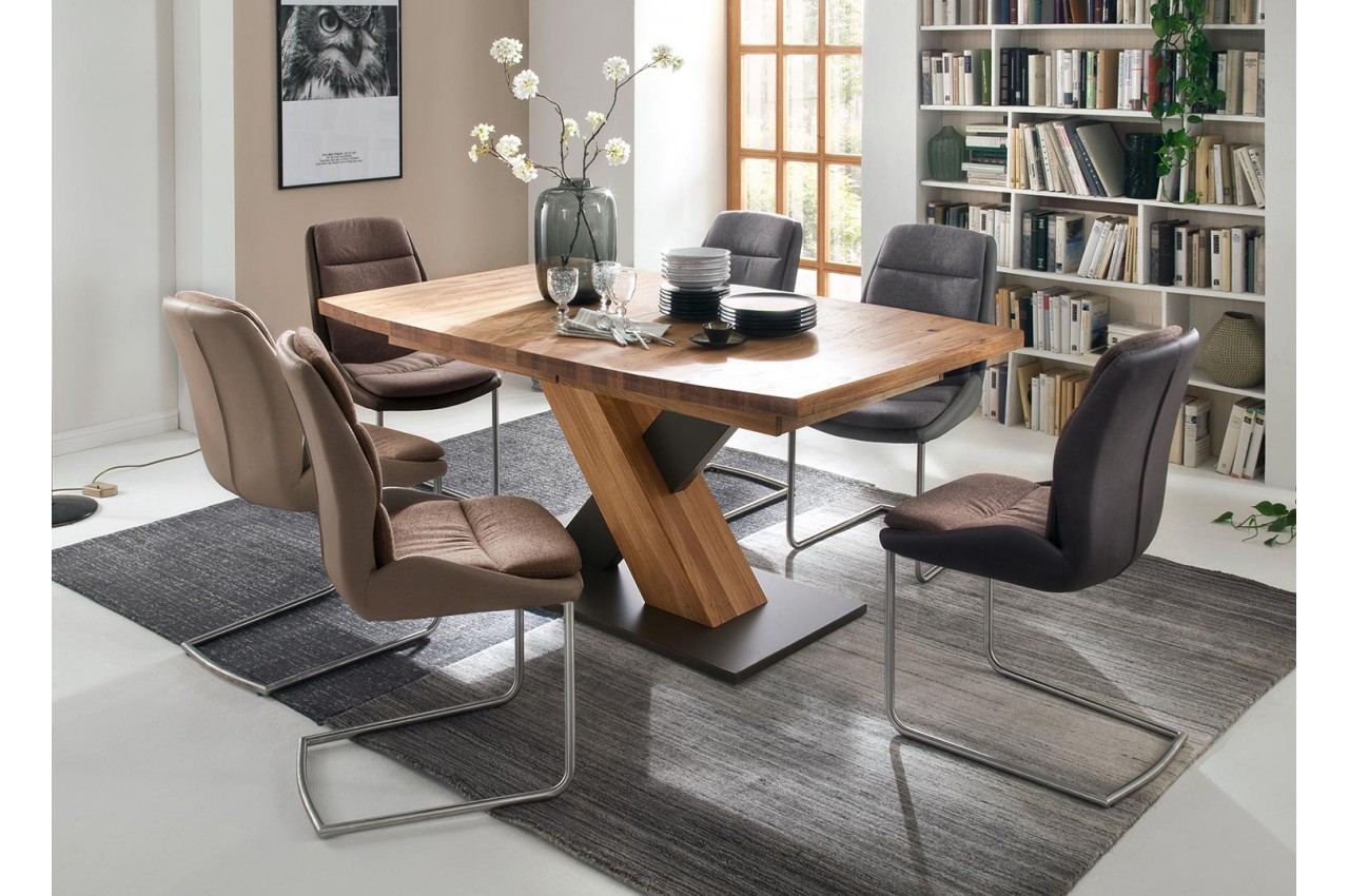 Table extensible blanc et bois - Pied central éclairage intégré pour salle  à manger