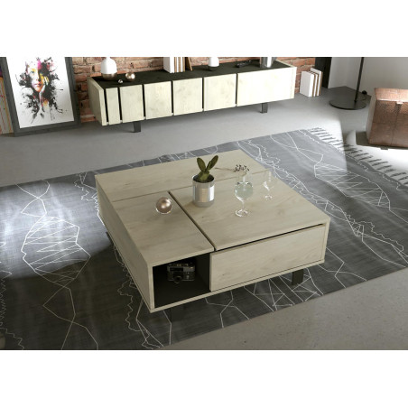 Table basse contemporaine relevable décor chêne et noir ardoise