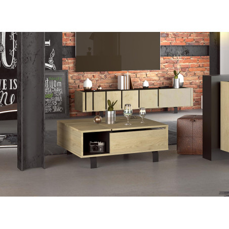 Table basse contemporaine relevable décor chêne et noir ardoise