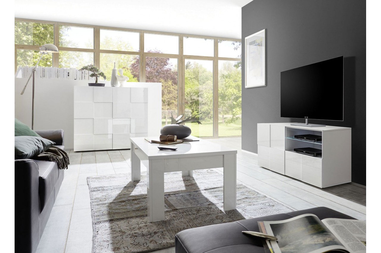 Salon complet blanc laqué - Meuble TV, table basse, commode haute pour salon