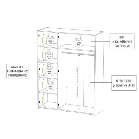 Armoire penderie rangement 3 portes et miroir