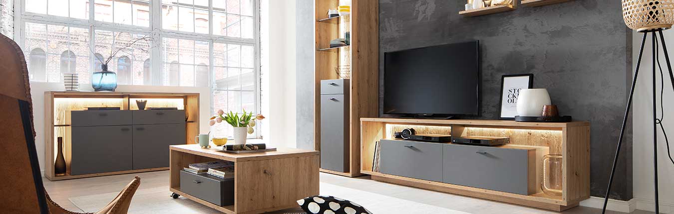 Ensemble de meuble de salon bois et gris pierre design pas cher