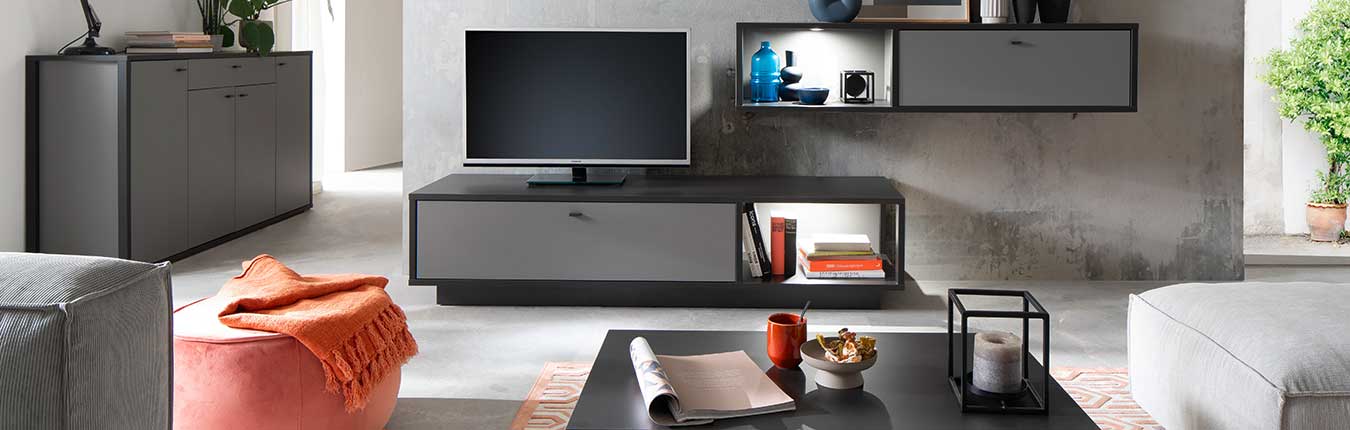 Meuble tv, table basse et meuble suspendu design gris anthracite